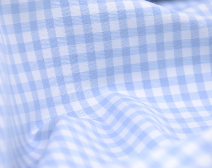 NEW! Cotton stretch fabric, gingham check, light blue and white, elastic