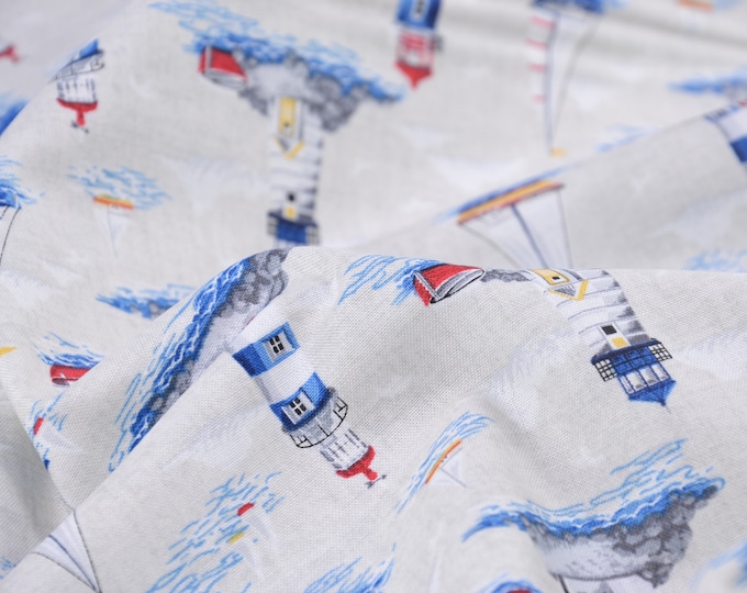 Maritim, Baumwolle, Leuchtturm, Segelboot, Makower