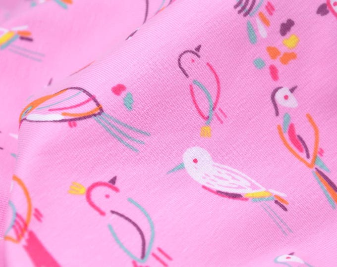 Children's jersey in pink with birds, white, pink, turquoise, made of cotton - 145 cm wide - fabric matt, animals