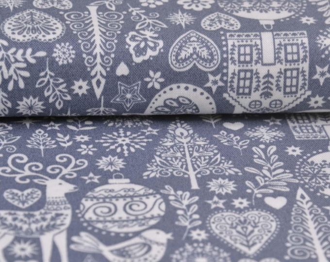 Christmas cotton fabric with deer, trees, and birds by Makower - 113 cm wide - smooth fabric, Christmas