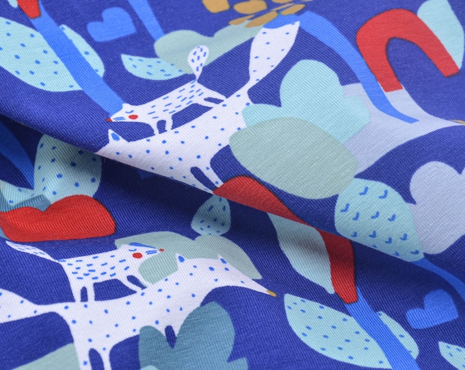 Children's jersey with trees and animals, blue, mint, red - 145 cm wide - fabric matt animals