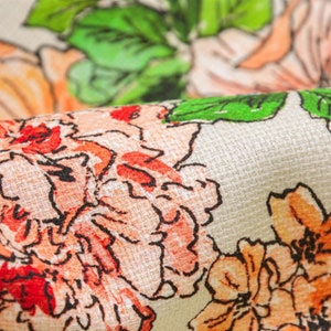 Linen fabric cotton beige with large flowers in red - 130 cm wide - fabric smooth patterned