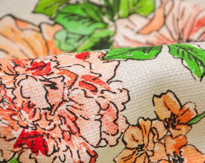 Leinenstoff Baumwolle beige mit großen Blumen in rot - 130cm breit - Stoff glatt gemustert