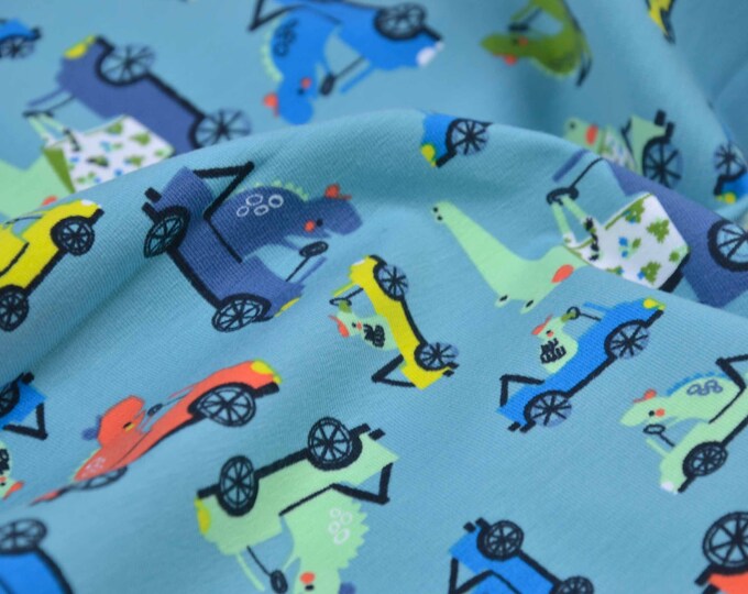 Jersey cotton dinos, animals, cars, colorful