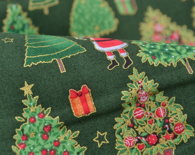 Cotton fabric green with Christmas tree, Santa Claus, gift - 110 cm wide - smooth fabric, Christmas