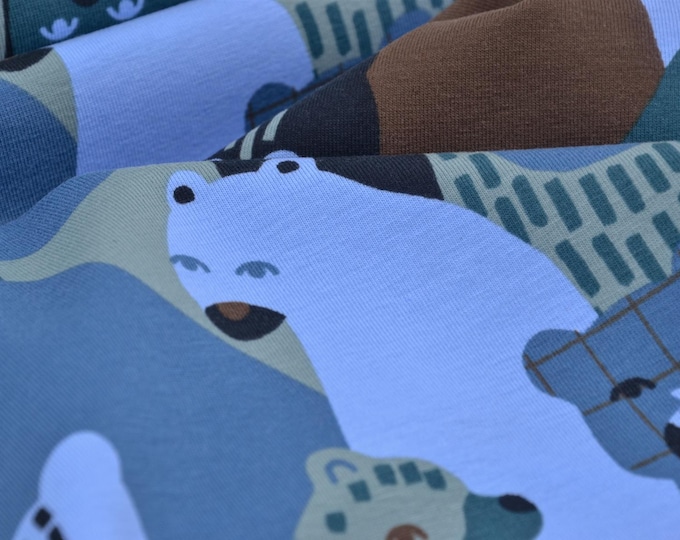 Children's jersey with bears and skateboards, blue, brown, white, black - 145 cm wide - smooth fabric, animals