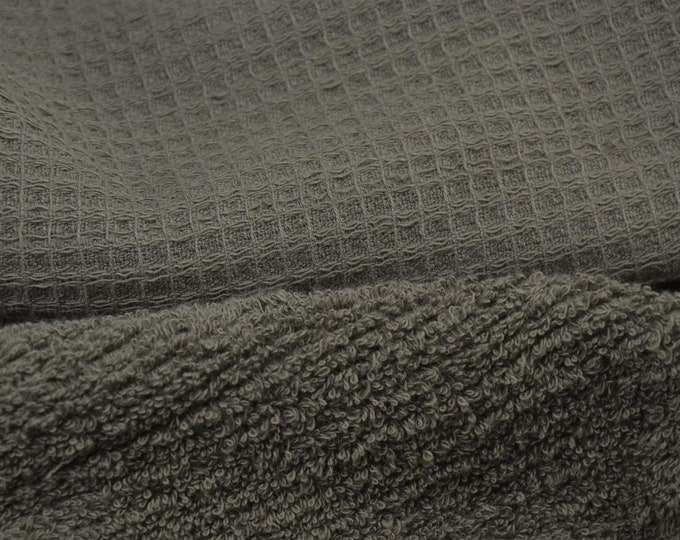 Frottee mit Waffelpique Abseite in kahki aus Baumwolle - 140cm breit - Stoff genoppt UNI