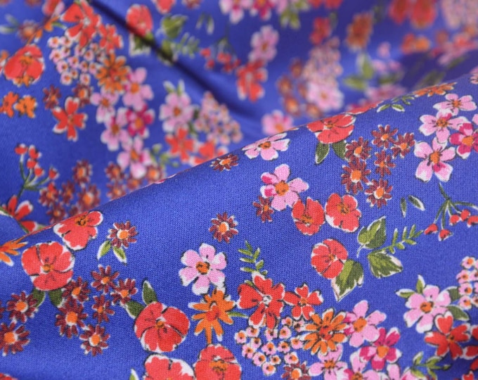 Cotton satin stretch trouser fabric with flowers in blue, red, pink - 140 cm wide - patterned fabric