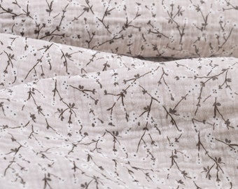 Cotton muslin with floral print, beige, by Hilco - 135 cm wide - patterned fabric