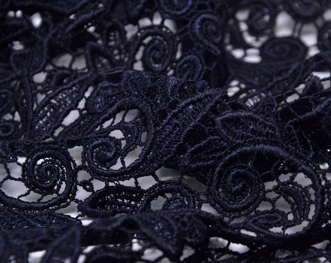 Lace fabric for evening wear Guipure lace in dark blue - 105 cm wide - fabric patterned patterned