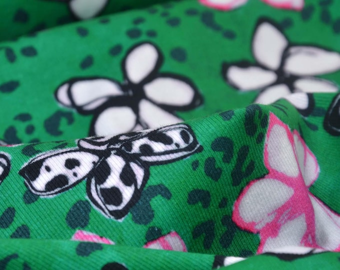 Cotton jersey, rib jersey flowers, green, black, pink - 125 cm wide - matt fabric, patterned