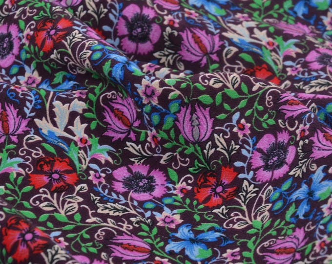 Viscose crepe blouse fabric with flowers in purple, red, green, pink - 145 cm wide - crinkled, patterned fabric