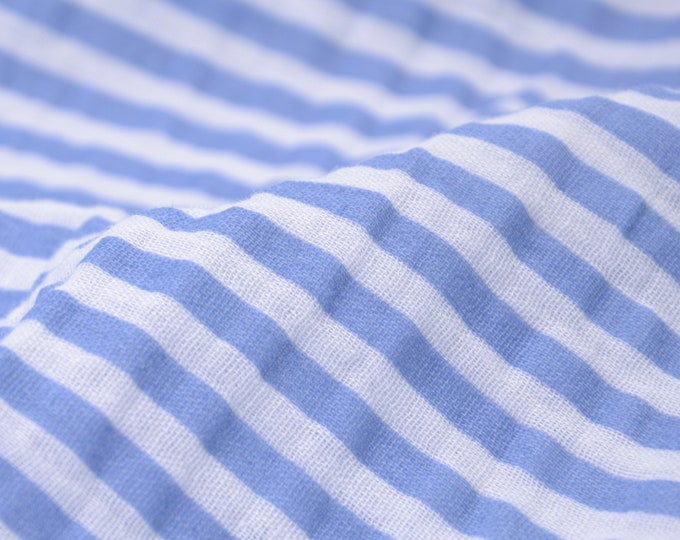 Muslin cotton stripes, blue and white, by Hilco - 140 cm wide - patterned fabric, stripes
