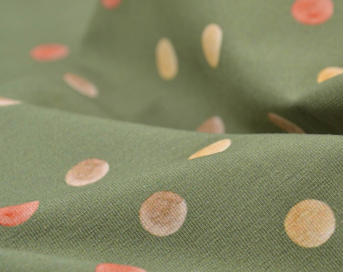 Children's jersey fabric in green with polka dots, orange, yellow, made of cotton - 145 cm wide - matte fabric, polka dots