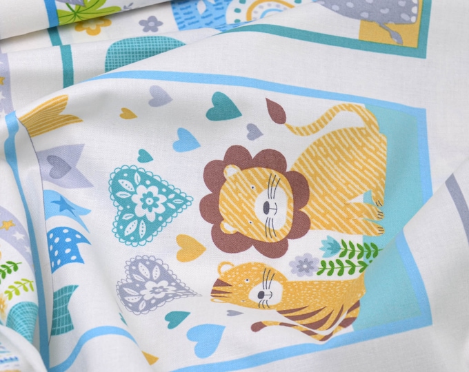 Baumwollstoff Panel 89 cm für Kinder mit Elefanten von Makower - 110cm breit - Stoff gemustert, Tiere