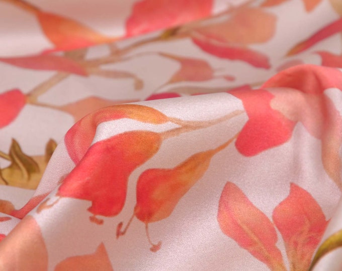 Silk with stretch, shiny, thin, flowers in red, beige - 135 cm wide - fabric shiny, patterned