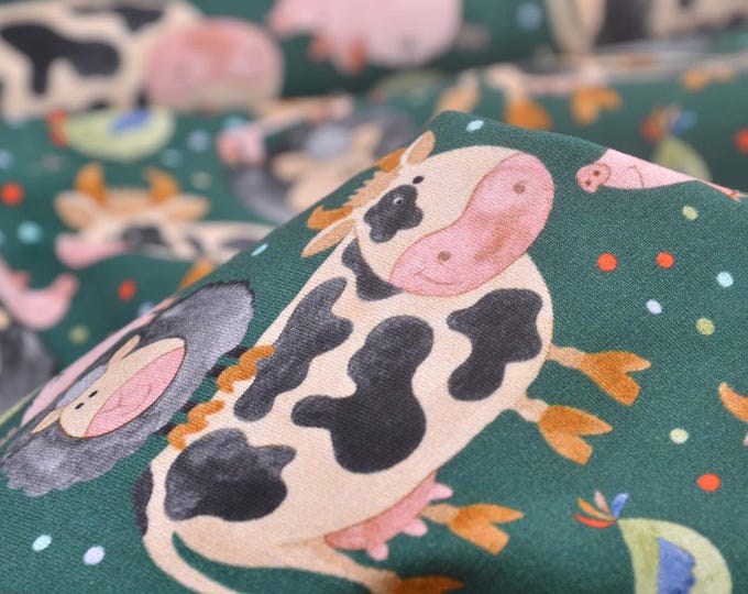 Children's cotton jersey in green with cows and pigs by Hilco - 150 cm wide - smooth fabric, animals