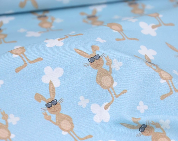 Children's jersey fabric, light blue with rabbits and clouds, made of cotton - 150 cm wide - smooth fabric, animals