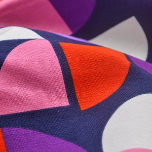 Sweat fabric with circles, geometric, purple, orange - 150 cm wide - fabric patterned geometric patterns