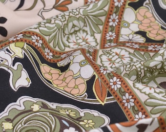 Viscose satin blouse fabric in green, beige, black, floral, and paisley patterns - 145 cm wide - slightly glossy, patterned fabric