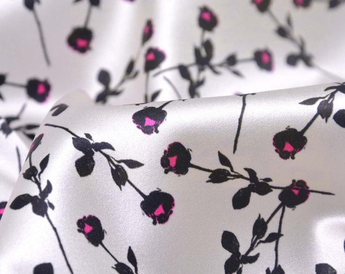 Silk with stretch in cream-white with flowers, shiny, black, pink - 145 cm wide - fabric shiny, patterned