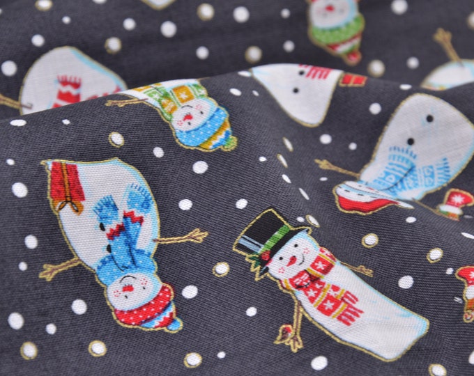 Cotton fabric dark grey with snowmen, snowflakes - 110 cm wide - smooth fabric, Christmas