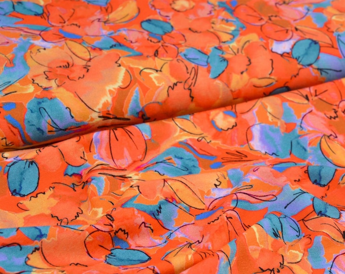 Viscose jersey, flowers, orange, Editex, sold by the meter