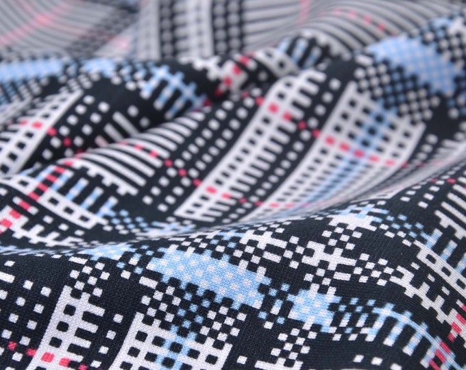 Jersey fabric made of viscose in white with checks in black, blue, pink - 145 cm wide - smooth fabric, checks