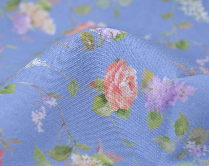 Osaka cotton fabric by Westfalenstoffe, blue, pink, floral - 150 cm wide - matte, patterned fabric