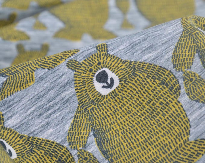 Sweatstoff in grau meliert mit gelben Bären aus Baumwolle - 145cm breit - Stoff gemustert, melange