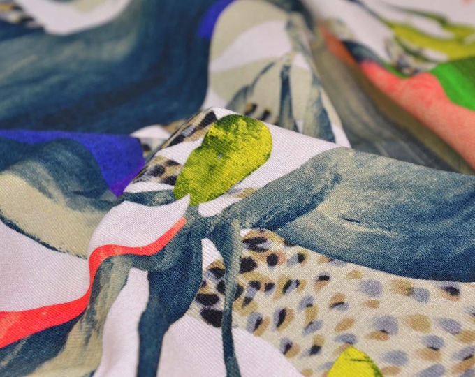 Viscose jersey fabric with leaves, green, beige, purple, yellow by Hilco Florare - 145 cm wide - smooth, patterned fabric