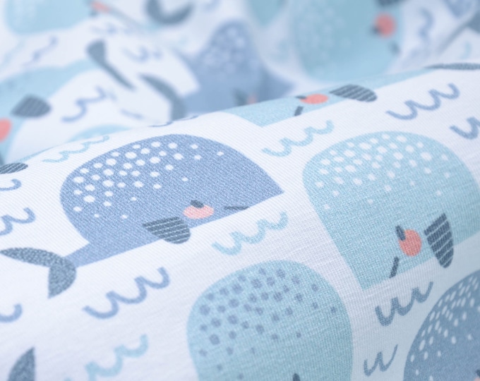 Children's jersey in white with blue whales - 145 cm wide - matt patterned fabric
