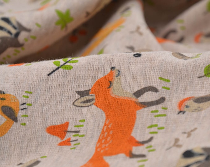 Sweatstoff Alpenfleece, Fuchs, Igel, Tiere, beige, orange - 147cm breit - Stoff flauschig, Tiere