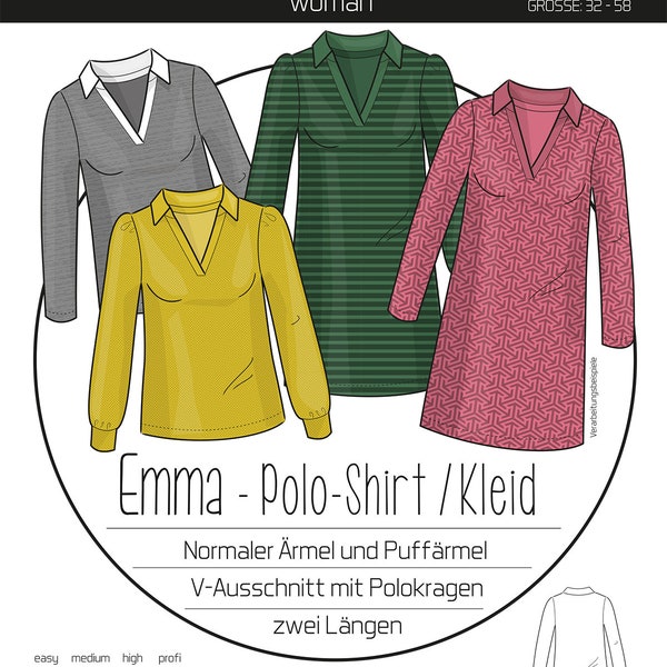 Papierschnitt Polo-Shirt/ Kleid Emma Damen | Größe 32-58, ki-ba-doo