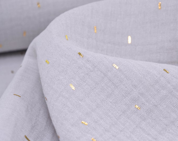 Musselin BIO aus Baumwolle in hellgrau, grau mit Strichen in Gold - 125cm breit - Stoff gecrasht, Streifen