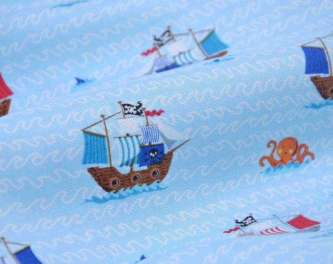 Maritime, pirates, ships, cotton print, sea, blue - Makower 2433 B3