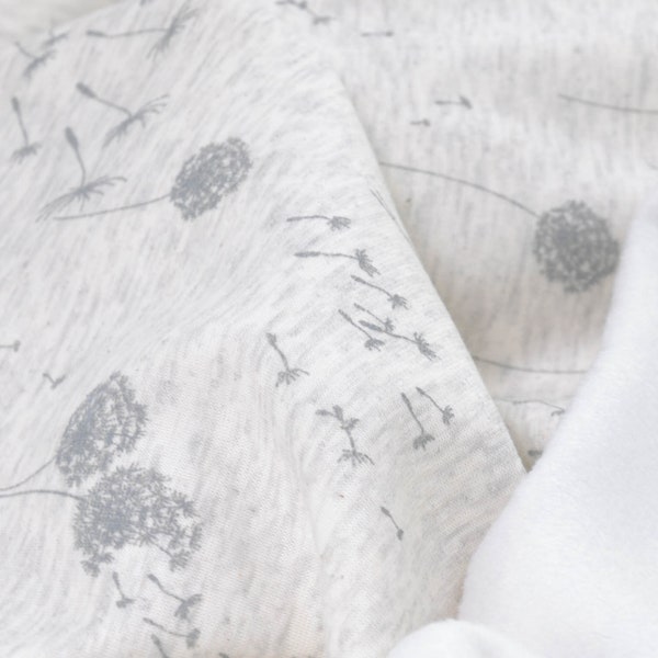 Sweat fabric Alpine fleece, dandelions, cream, gray - 147 cm wide - fabric fluffy, patterned