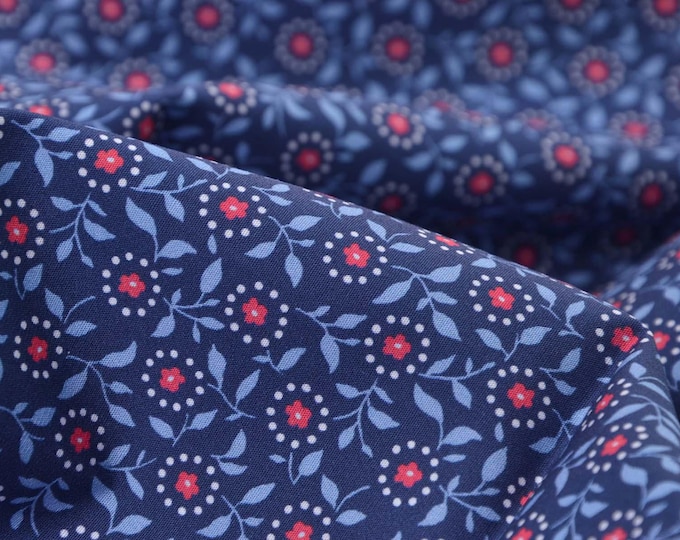Cotton poplin fabric with red flowers Emilie by Hilco - 150 cm wide - smooth, patterned fabric
