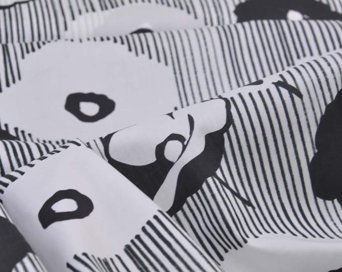 Cotton blouse fabric with stripes and flowers in black and white - 150 cm wide - smooth fabric with stripes