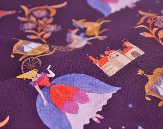 Children's cotton jersey in purple with horses and princesses by Hilco - 150 cm wide - smooth, patterned fabric