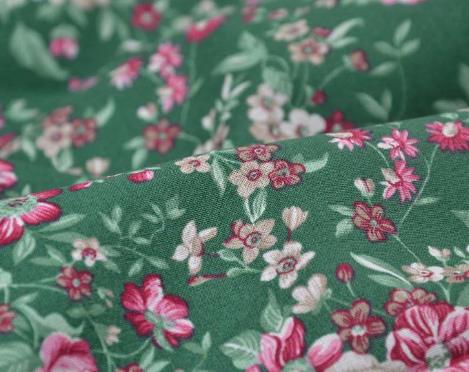 Floral cotton fabric, green, pink, cream, Westfalenstoffe - 150 cm wide - matte, patterned fabric