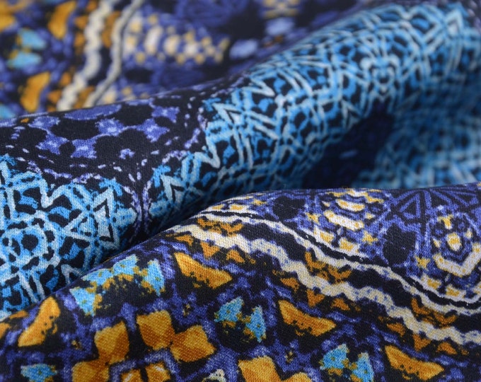 Blouse fabric made of viscose in blue, yellow, patterned, zigzag - 145 cm wide - smooth, patterned fabric