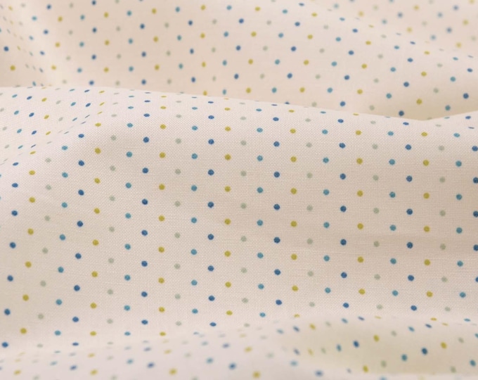 Beige cotton fabric with green, blue, and petrol polka dots by Makower - 113 cm wide - smooth fabric with polka dots