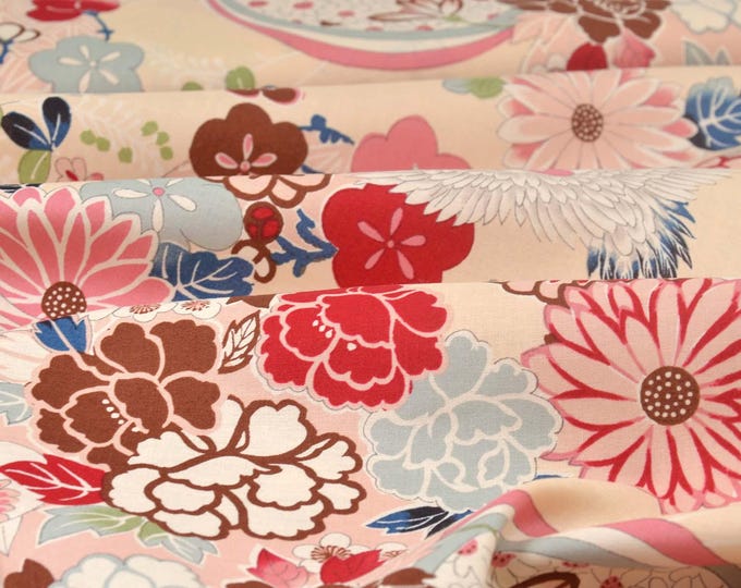Cotton fabric with floral print in beige, red, pink, green, and white - 110 cm wide - smooth, patterned fabric