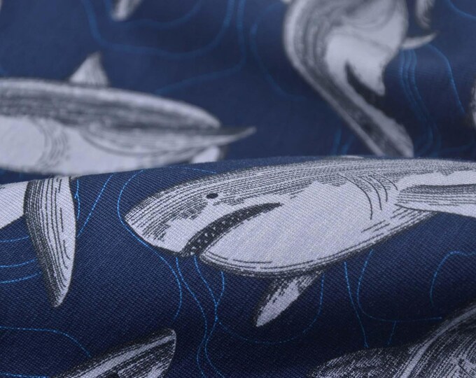 Children's jersey in dark blue with sharks made of cotton - 160 cm wide - patterned fabric, animals