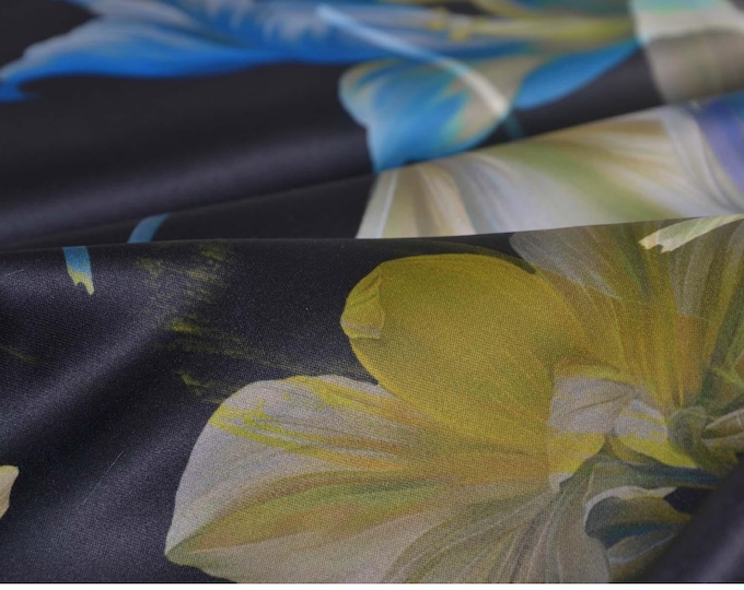 Evening wear satin fabric with flowers, green, petrol, black by Hilco - 145 cm wide - glossy, patterned fabric