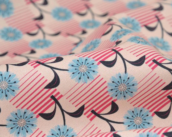 Decorative cotton fabric with flowers and stripes, blue, pink, beige - 150 cm wide - matte fabric, geometric patterns