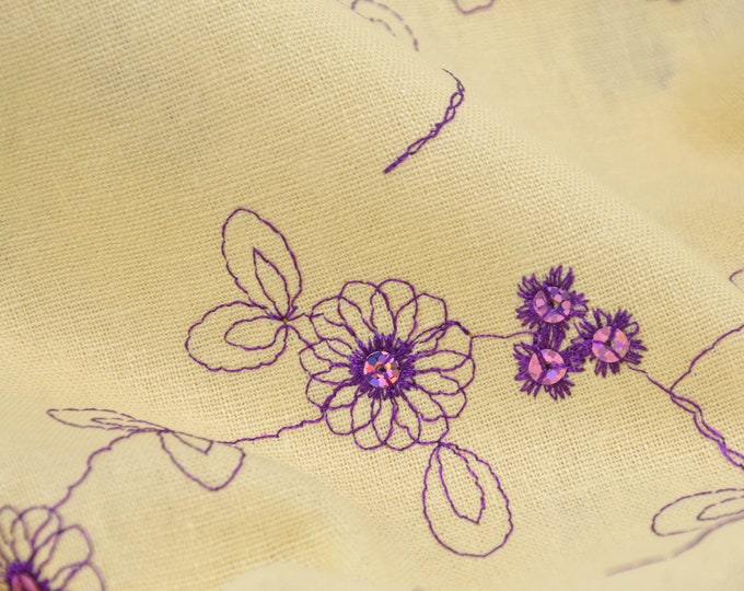 Leinen Mischgewebe mit Blumen aus Pailletten - 130cm breit - Stoff gemustert gemustert