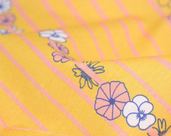 Children's jersey striped with flowers, yellow, pink, white made of organic cotton - 160 cm wide - patterned fabric, stripes