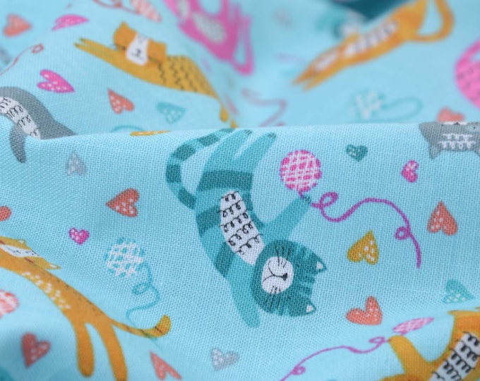 Baumwollstoff für Kinder, Makower, bunte Katzen, Wollknäule, Herzen - 110cm breit - Stoff gemustert, Tiere